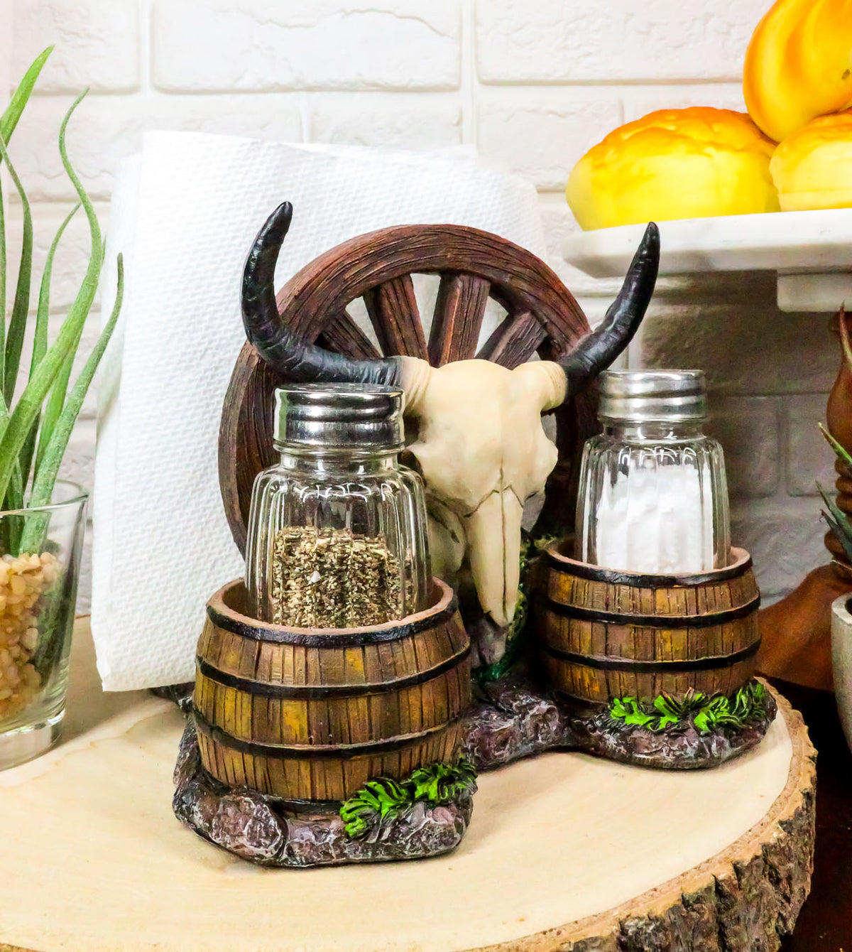 Ebros Western Bull Skull By Wheel Wagon And Barrels Salt Pepper Shakers Napkin Holder
