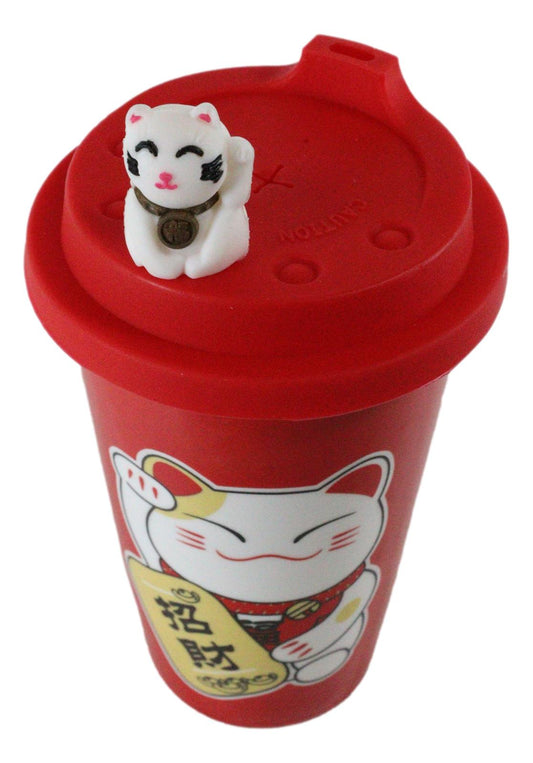 Ebros Gift Lucky Cat Maneki Neko Ceramic Tall Drink Mug Cup With Silicone Lid (Red)