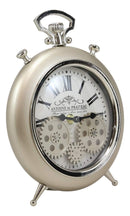 Ebros Antoine De Praiteau Steampunk Mechanical Moving Gears Old Fashioned European Vintage Pocket Watch Style Table Clock Victorian Industrial Accent Clockwork Clocks (Brushed Silver Champagne)