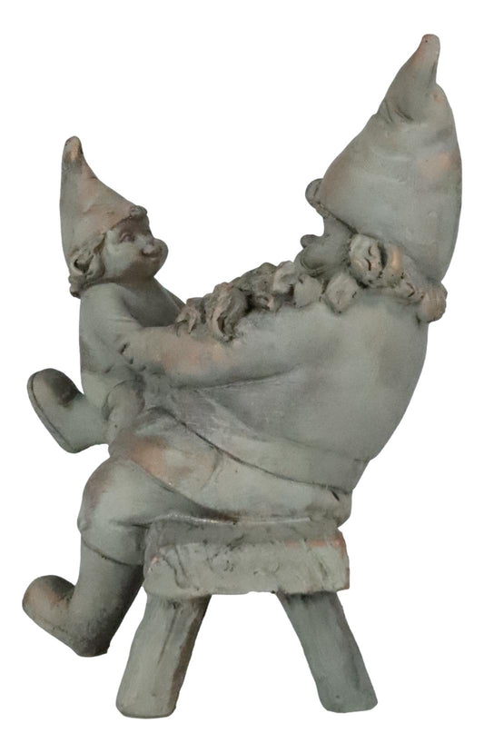 Family Bonding Papa Gnome With Baby Gnome Sitting On Wooden Stool Garden Statue - Ebros Gift