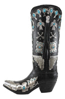 Southwestern Turquoise Silver Aztec Symbols Cowboy Boot Vase Planter Figurine