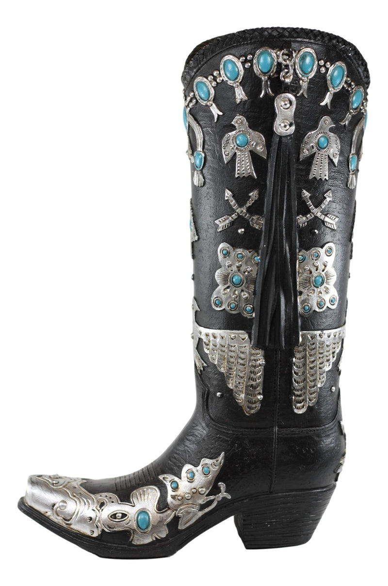 Southwestern Turquoise Silver Aztec Symbols Cowboy Boot Vase Planter Figurine