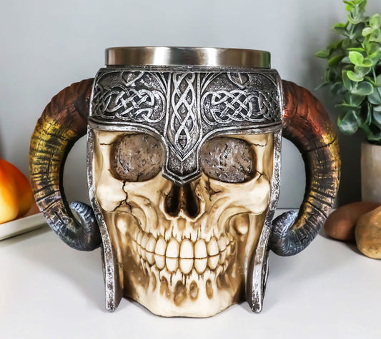 Ebros Viking Ram Horned Warrior Skull With Battle Helmet Tankard Cup Mug 13oz - Ebros Gift