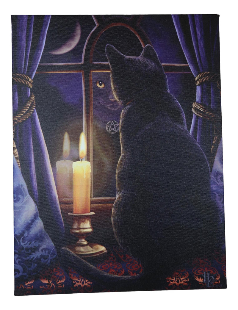 Midnight Vigil Black Cat By Window With Candle Wood Framed Canvas Wall Decor