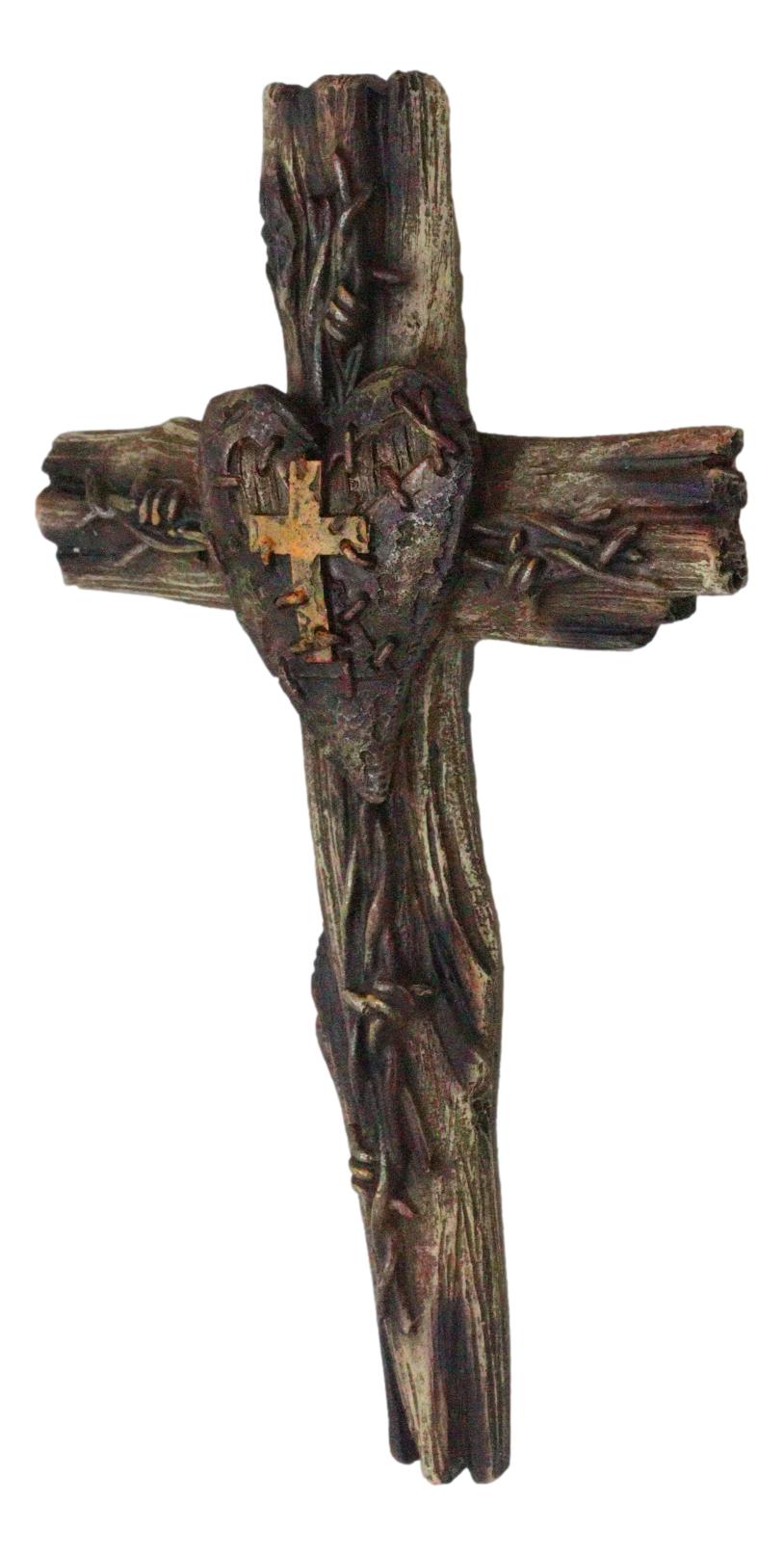 Rustic Western Distressed Faux Wooden Barbed Wires With Heart Plaque Wall Cross