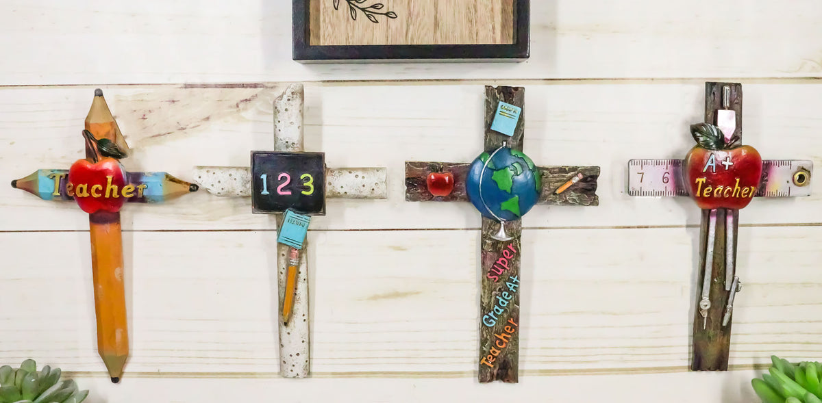 Pack Of 4 Novelty Educational Teacher Apple Math 123 Globe Pencils Wall Crosses
