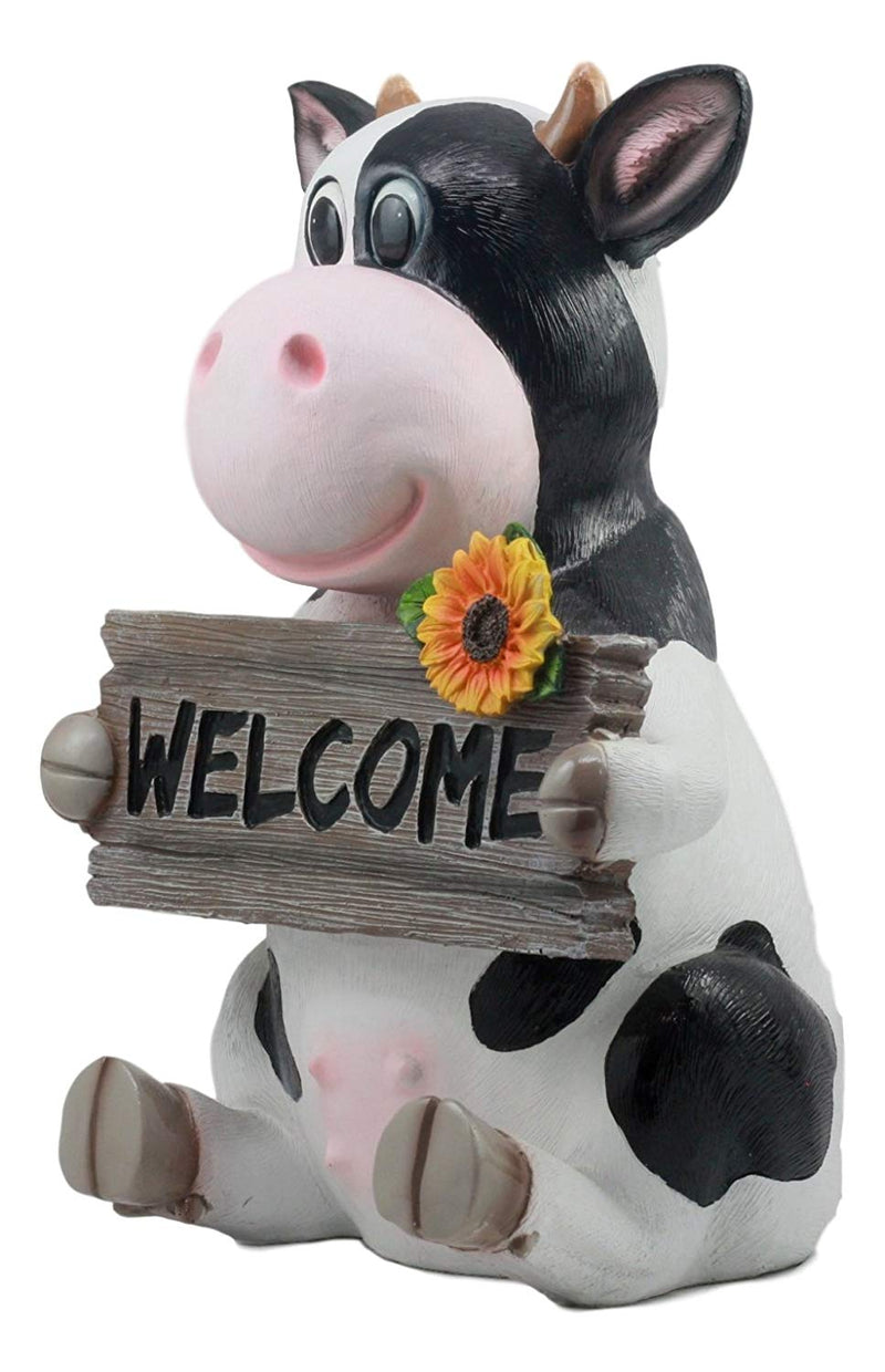 Ebros Animal Farm Whimsical Holstein Cow with Welcome Sign Statue 13" Tall Sunflower Cow Garden Greeter Figurine
