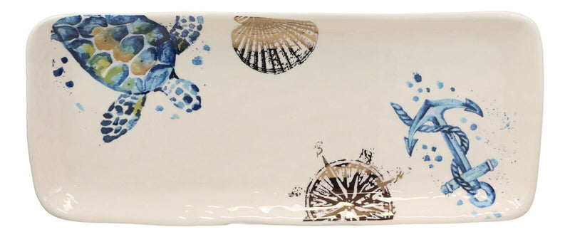 Marine Sea Turtle Compass Anchor & Shell Ceramic Serving Platter Trays Set Of 2
