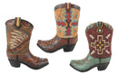 Set Of 3 Western Cowboy Aztec Mexica Faux Tooled Leather Boots Floral Vases