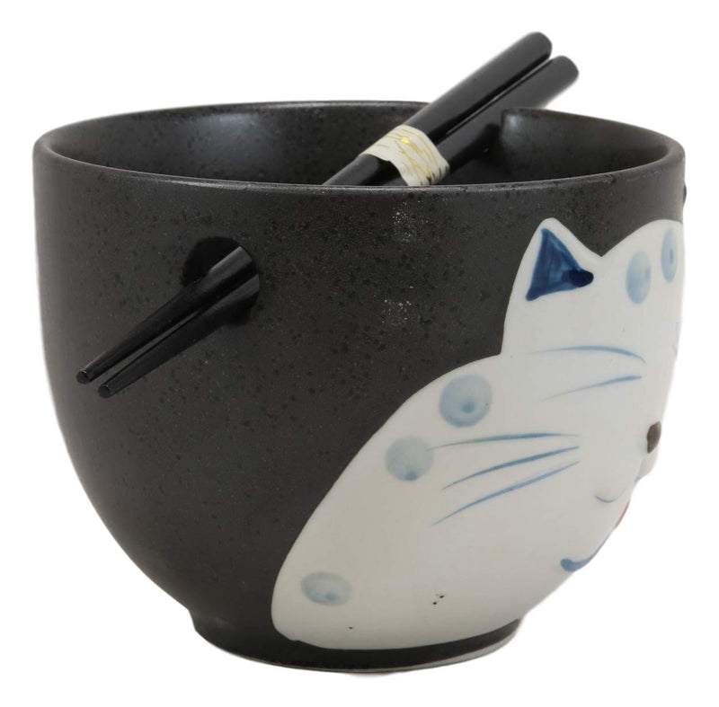 Ebros Whimsical Ceramic Black Lucky Meow Cat Ramen Noodle Bowl & Chopsticks Set