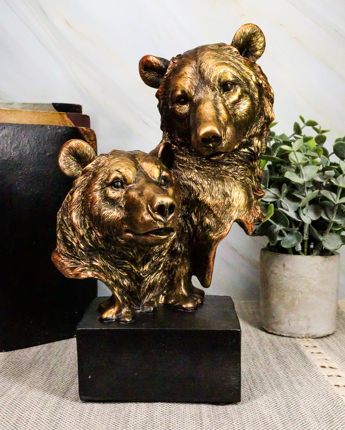 Ebros Gift 9" Tall Black Bear and Cub Head Bust Figurine with Black Pedestal
