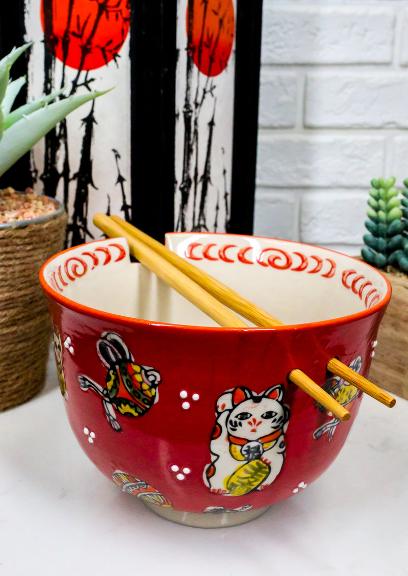 Lucky Cat Japanese Maneki Neko Red Porcelain Ramen Soup Bowl With Chopsticks Set