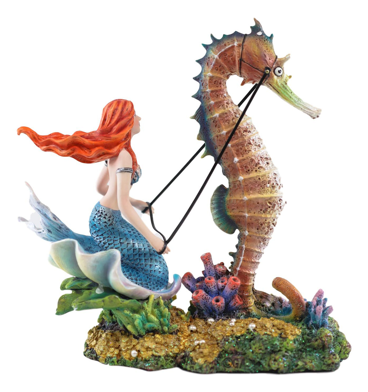 Ebros Nouveau Nautical Ocean Mermaid On Clam Riding Seahorse Chariot Statue 10"H - Ebros Gift
