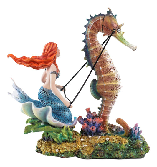 Ebros Nouveau Nautical Ocean Mermaid On Clam Riding Seahorse Chariot Statue 10"H - Ebros Gift