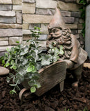 Hardworking Mr Gnome Pushing Wheelbarrow Cart Floral Planter Vase Garden Statue