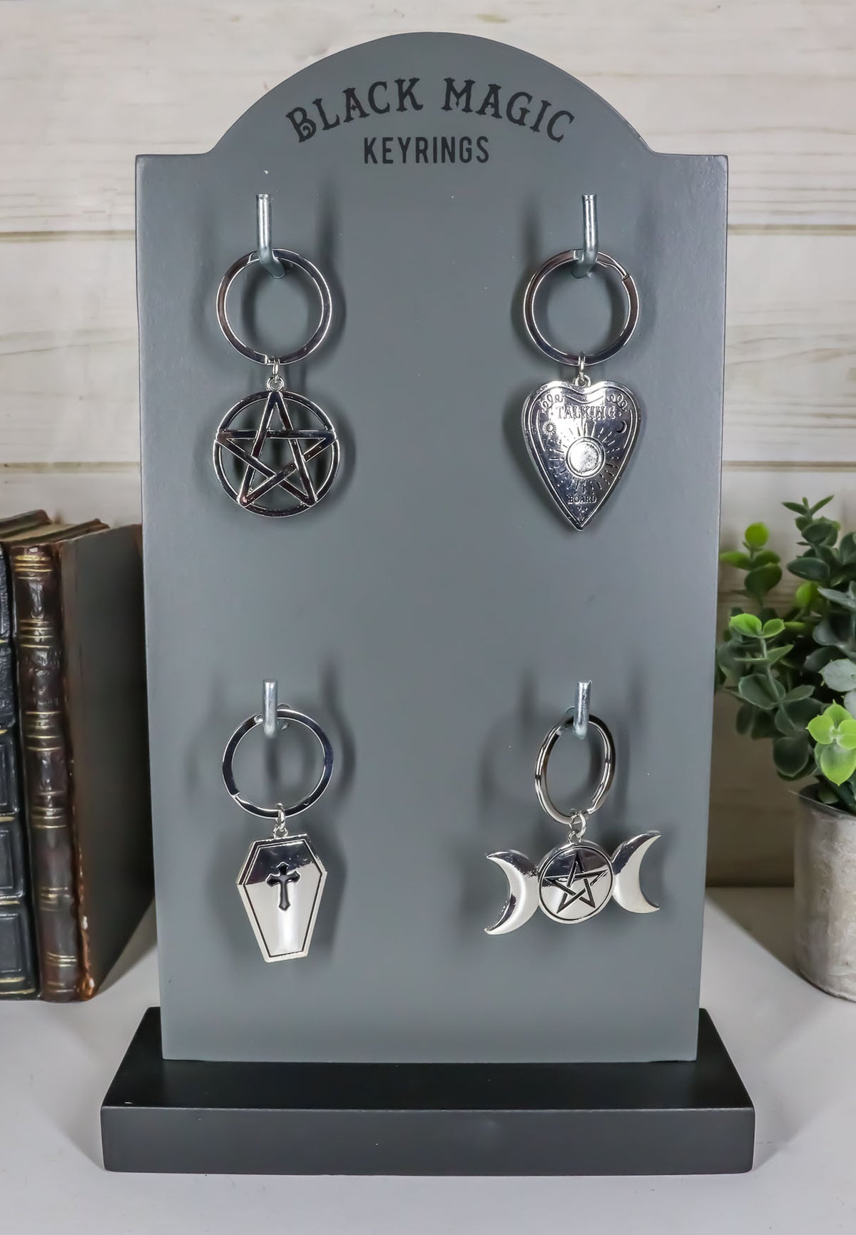 Metal Wicca Triple Moon Pentagram Coffin Planchette 24 Keychains And Display Set