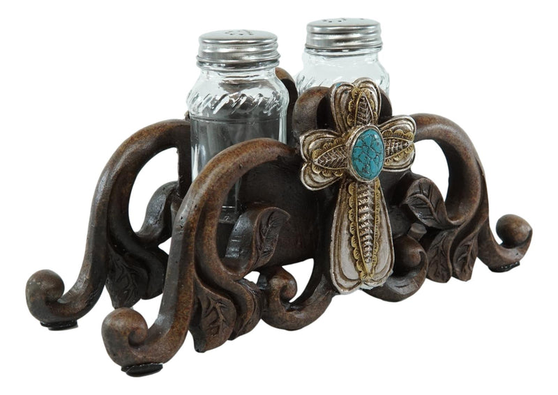 Turquoise Stone Holy Cross with Faux Wood Scroll Vines Salt Pepper Shakers Set