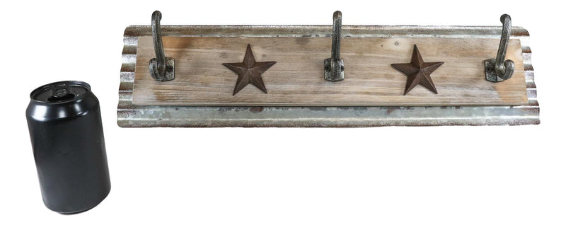 Rustic Western Lone Stars On Barn Wood Galvanized Metal 3-Peg Wall Hooks Plaque