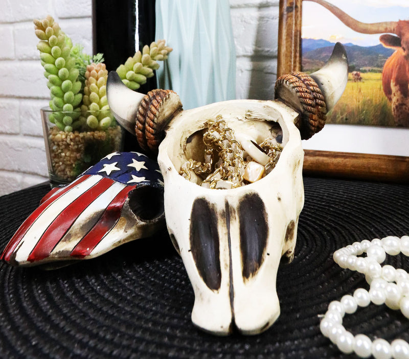 Western Rustic Patriotic USA Flag Steer Bull Cow Skull Decorative Trinket Box