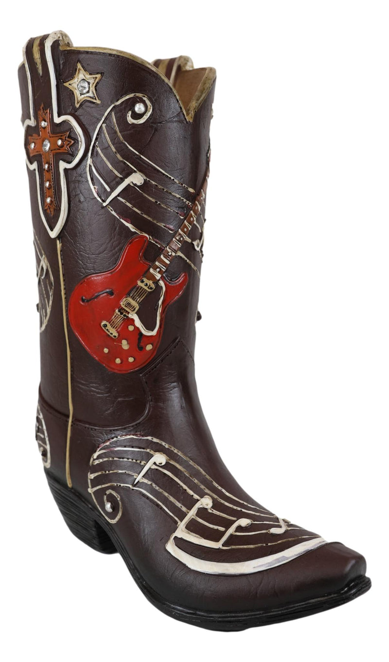 Faux Tooled Leather Cowboy Boot With Musical Notes And Guitar Vase Figurine