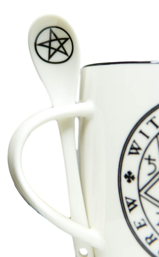 Magical Symbols Pentacles Witches Brew Hexy Witch Coffee Mug And Spoon Set - Ebros Gift
