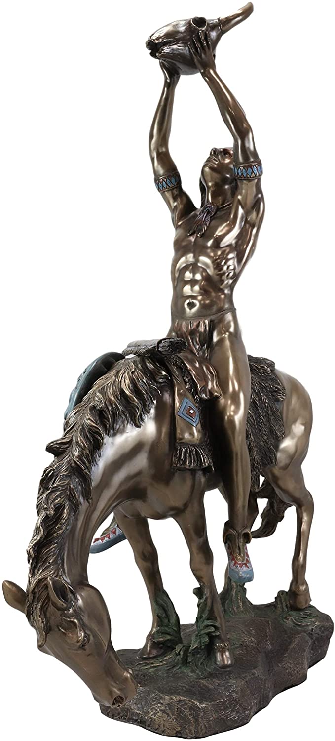 Ebros Large Native American Vision Quest Indian Warrior On Horse With Skull Statue 25"