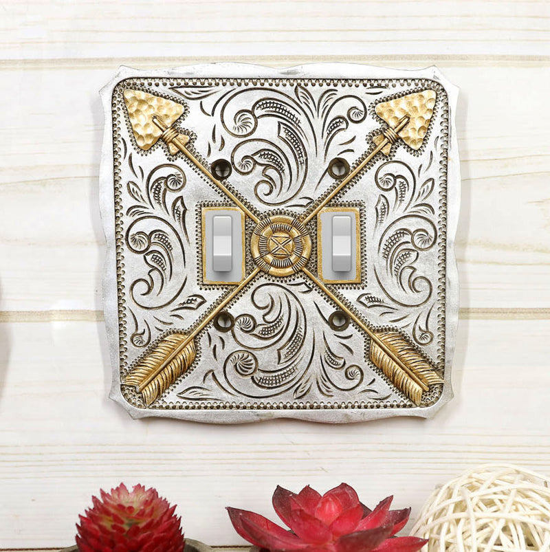Set Of 2 Navajo Golden Crossed Feather Arrows Wall Double Toggle Switch Plates