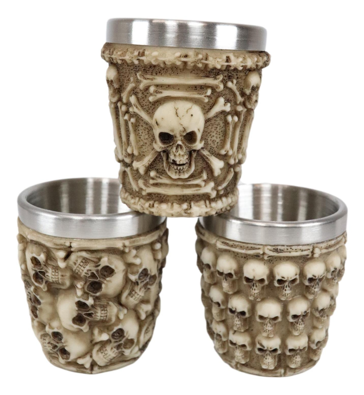 Ebros Ossuary Macabre Morphing Skulls & Skeleton Bones 3D Shot Glasses Set of 4
