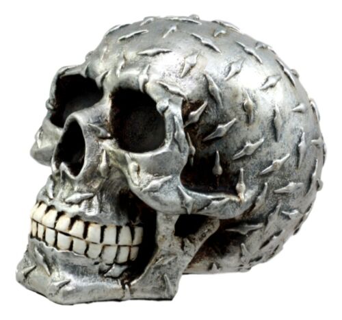Metallic Finish Diamond Plate Skull Figurine 4.5"L Resin Cranium Ghost Statue