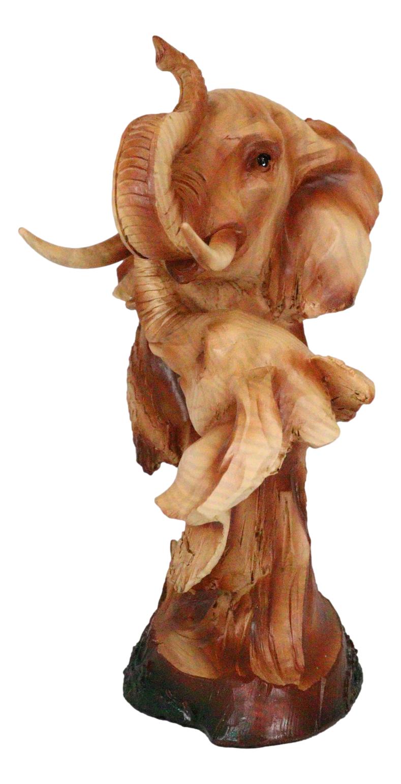 Safari Wildlife Elephant Father And Calf With Trunk Up Bust Faux Wood Figurine