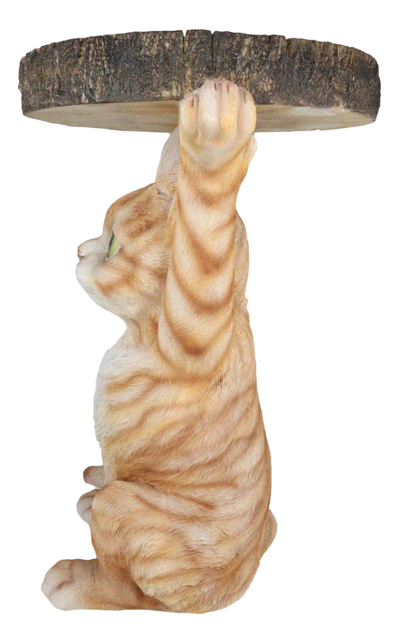 Feline Orange Tabby Cat Kitten Holding Faux Wood Slice Table Stand Figurine