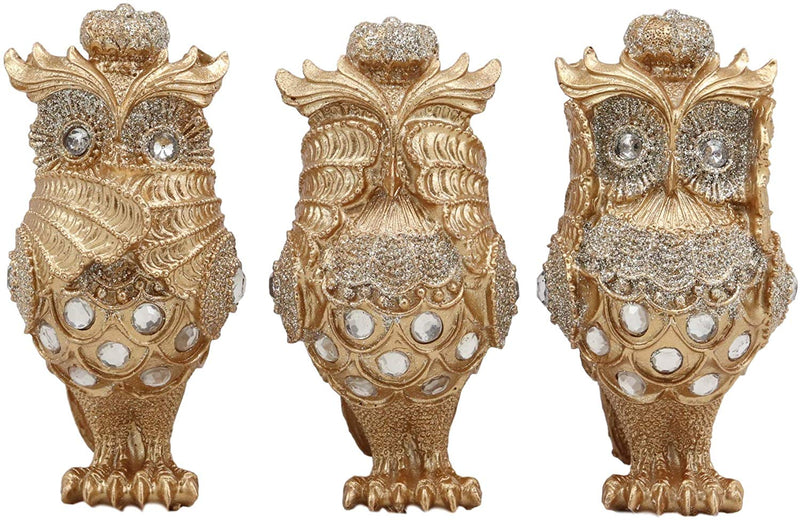 Ebros Golden See Hear Speak No Evil 3 Wise Owls with Royal Crowns and Crystals Figurine Decor Set Wisdom of The Woods Wise Great Horned Owls Collectible Statues
