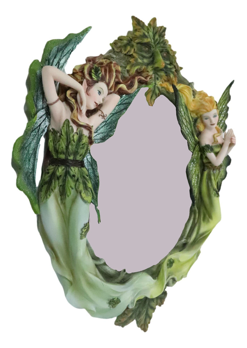 Blonde And Brunette Fairies In Enchanted Forest with Greenman Wall Mirror Decor