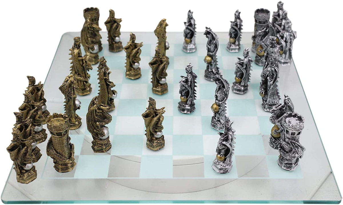 Ebros Silver and Gold King Arthur Merlin Dragons Chess Pieces with Board Set - Ebros Gift