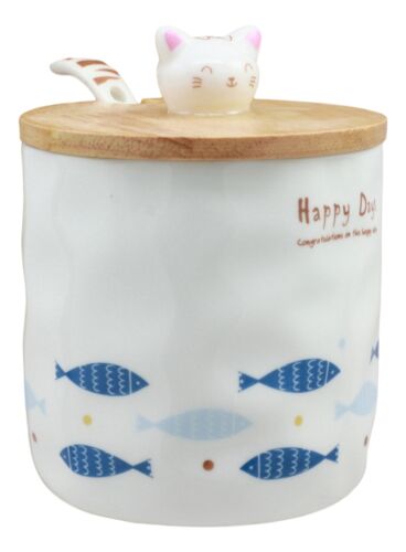 Happy Days Kitty Cat With Fishes Ceramic Coffee Tea Mug Cup With Spoon And Lid