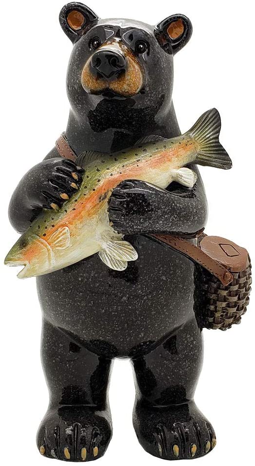 Ebros Animal World Black Bear Fisherman Catching Bass Figurine 6.5"H Home Decor