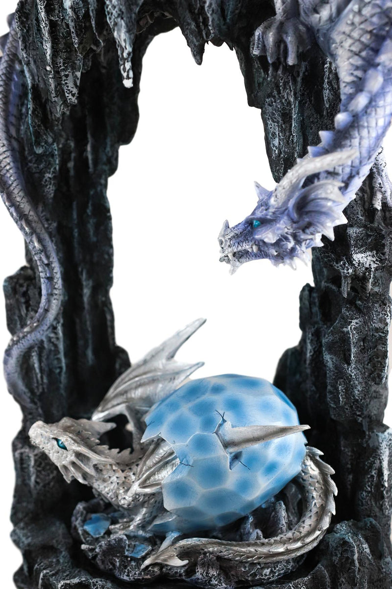 Ebros  21"H White Frozen Dragon On Cavern With Wyrmling Hatchling In Egg Statue