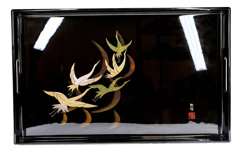 Japanese Flying Cranes 19" by 12" Large Black Lacquer Serving Tray With Handles