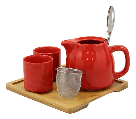 Ebros Bright Red Contemporary Ceramic 20oz Tea Pot With 2 Cups And Bamboo Tray Set - Ebros Gift