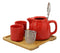 Ebros Bright Red Contemporary Ceramic 20oz Tea Pot With 2 Cups And Bamboo Tray Set