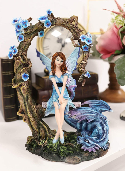 Ebros Amy Brown Fairy On Tree Swing Plank Bench by Pet Dragon Statue 10.75" Tall