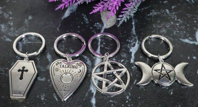 Pack of 24 Metal Wicca Occult Triple Moon Pentagram Coffin Planchette Keychains