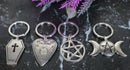 Pack of 4 Metal Wicca Occult Triple Moon Pentagram Coffin Planchette Keychains