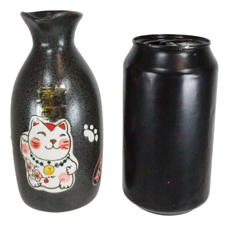 Ebros Gift Japanese Maneki Neko Lucky Charm Cat Glazed Ceramic Black Sake Set Flask With Four Cups Great Asian Living Home Decor and Gift For Housewarming Special Friendship Eastern Decorative Party Set