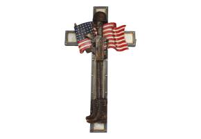 Rustic USA Flag American Fallen Soldier Helmet Rifle Boots Memorial Wall Cross - Ebros Gift