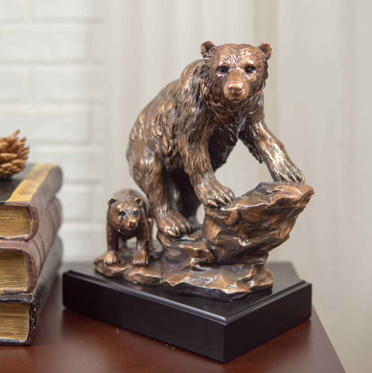 Black Bear Mother With Cub Climbing Rock Bronze Electroplated Resin Statue 9"H - Ebros Gift