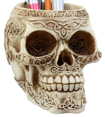 Day Of The Dead Celtic Tribal Tattoo Skull Pen Stationery Holder Figurine 4.5"L
