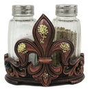 Western Tuscany Fleur De Lis Golden Flowers Salt And Pepper Shakers Holder Set