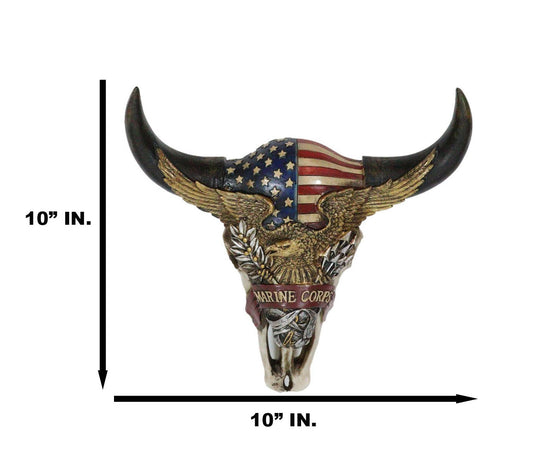 Western Patriotic Bull Cow Skull W/ American Flag Bald Eagle Marine Wall Decor - Ebros Gift