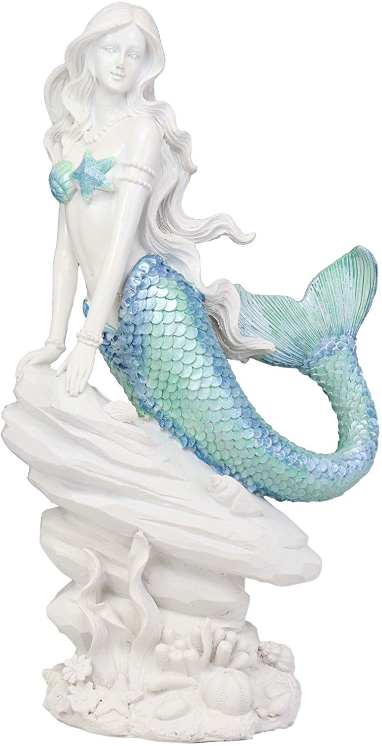 Ebros Gift Large Nautical Capiz Blue Tailed Mermaid by White Coral Rocks Statue Ocean Aquamarine Princess As Coastal Beach Under The Sea Decorative Accent (Leaning On Rocks)